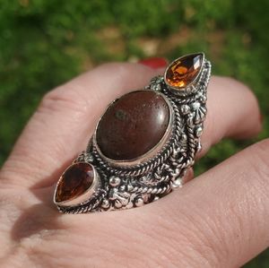 New Bloodstone & Golden Topaz Double Crescent Moon 925 Silver Statement Ring.